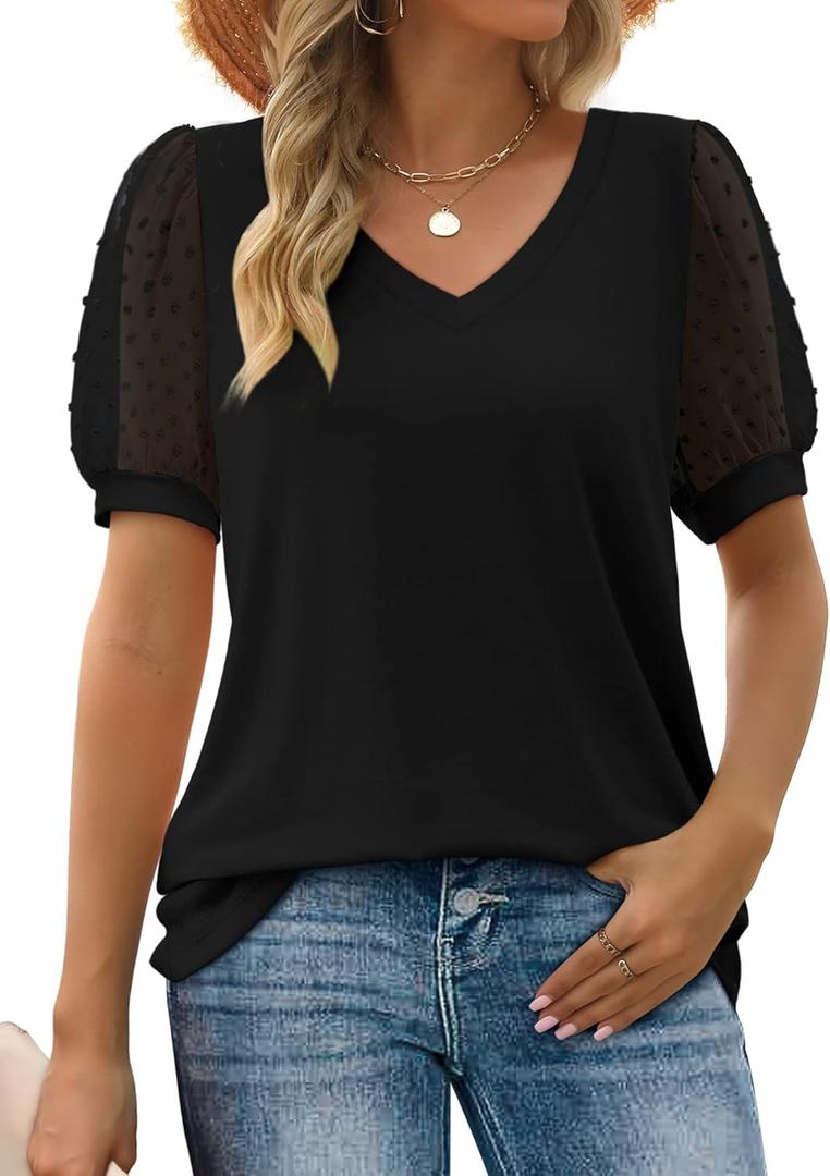 Aokosor Womens Summer Tops V Neck T Shirts Swiss Dot Puff Sleeve Tops Loose Casual Tshirts, Large, All Black