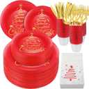 Shellwei 210 Pcs Christmas Plastic Dinnerware Set, Xmas Disposable Plates Include 30 Dinner Plate 30 Cup 30 Dessert Plate 30 Paper Napkins 30 Fork Knive Spoon Supplies for Xmas (Red Gold,Tree)