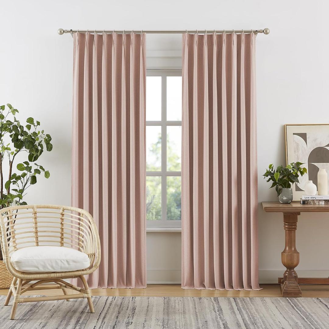 Cute Dusty Pink Blackout Linen Curtains 92 Inches Long - Rose Blush Pinch Pleat Track Curtains Blackout with Hooks Viral Pleat Drapes for Girls Bedroom Nursery,50 by 92 Inch, 2 Panels, Back Tab