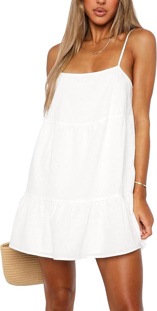 Babydoll Dress for Women Spaghetti Strap Swing Dresses Sleeveless Short Flowy Dress Summer Loose Sundress (White)