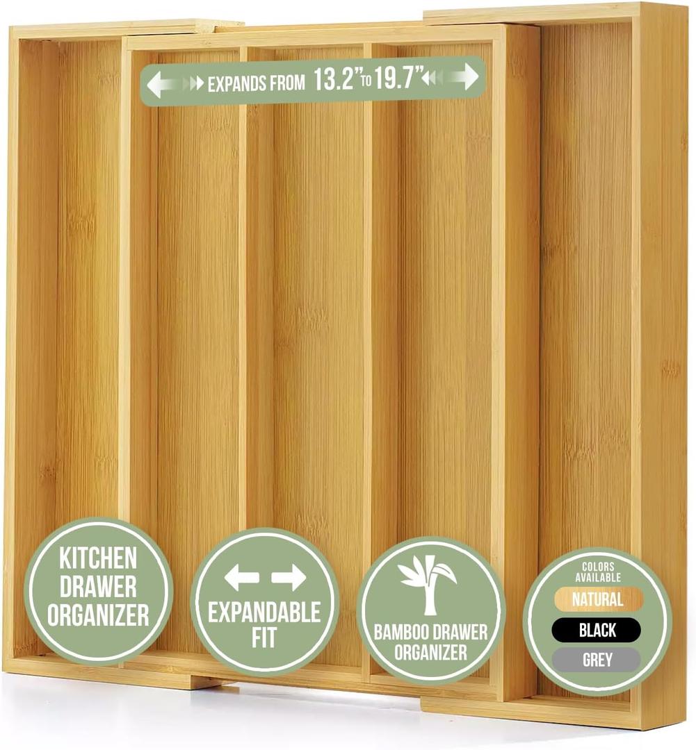 Purawood Kitchen Drawer Organizer - Expandable Utensil Drawer Organizer for Kitchen, Cutlery Tray & Silverware Organizer, 3-5 Slots - Bamboo Organizer for Utensils & Flatware, Natural 