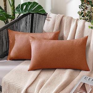 MIULEE Pack of 2 Decorative Outdoor Solid Waterproof Fall Throw Pillow Covers Faux Linen Garden Farmhouse Cushion Cases for Summer Patio Tent Balcony Couch Sofa 20x12 Inch Rust