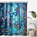 Riyidecor Fantasy Butterfly Shower Curtain 60Wx72H Inch Blue Enchanted Trees Fairy Tale Pretty Floral Foggy Wonderland Magic Nature Bathroom Decor Fabric Polyester Waterproof 12 Pack Hooks