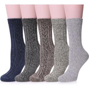MQELONG Womens 5 Pairs Soft Thick Comfort Casual Cotton Warm Wool Crew Winter Socks (One Size, 5 Pack Solid Color B)