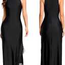 Women High Neck Halter Flapper Maxi Dress Slit Gatsby Vintage Tassel Dress (Black, XS)