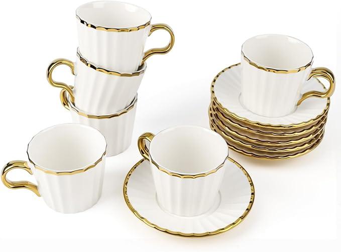 Kytree 3.2oz Ceramic Turkish Coffee Cup Set of 6, British Italian Cappuccino Cups Porcelain Espresso Cups and Saucers with Gold Trim for Double Espresso Cappuccino Latte Mocha Tea, Gold