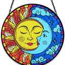 Sun and Moon Decor Stained Glass Boho Suncatcher for Windows Hanging Sun Moon Eclipse Celestial Decor for Garden Living Room Conservatory Witchy Gifts for Women Christmas Thanksgiving Gifts