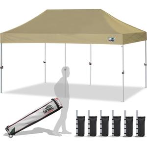 Eurmax USA 10x20ft Pop Up Canopy, Commercial Instant Tent for Outdoor Events, Patented No-Tip Rolling Storage Bag with 6 Sandbags,UV & Water Resistant,Heavy Duty Portable Shelter Gazebo,Khaki