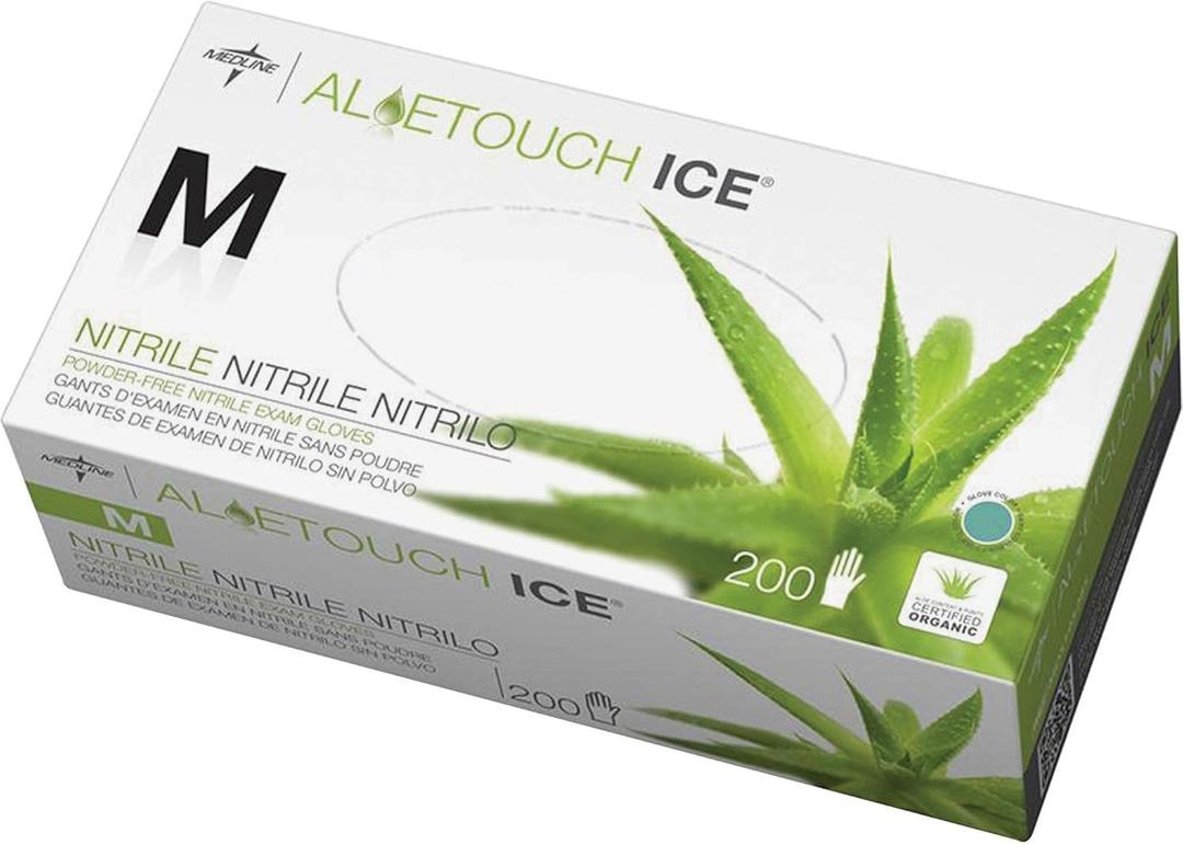 Medline AloeTouch Ice Nitrile Exam Gloves, 200 Count, Medium, Powder Free, Disposable, Soothes Hands, Tear Resistant, Multi-use Healthcare Tasks