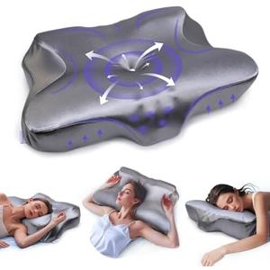 MIMCAT Pain Relief Cooling Pillow for Neck Support Adjustable Cervical Pillow Side Sleeping Memory Foam with Super Soft and Cooling Satin Pillowcase Grey