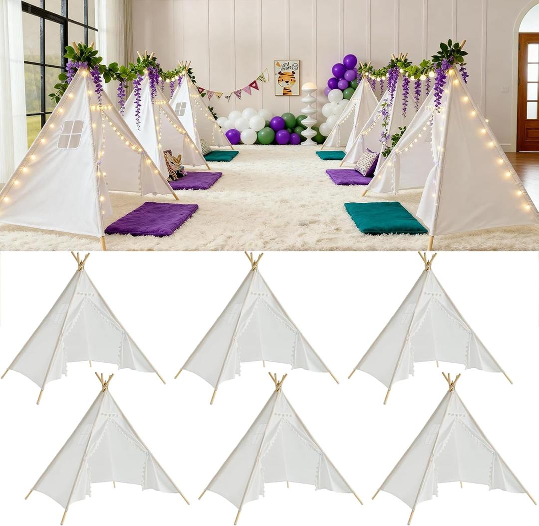 6 Pack Teepee Tent for Kids Slumber Party, Cotton Canvas Playhouse Sleepover Tent with Pompom & Lights for Girls & Boys Movie Night Holiday Party Supplies, 47x55 inches