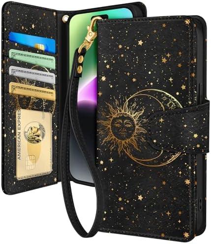 Toycamp for iPhone 14 Wallet Case with Wrist Strap - Leather Flip Folio Phone Case with RFID Blocking 4 Card Holder for Apple for iPhone 14 Funda Cute Aesthetic for Women Ladies, Sun and Moon