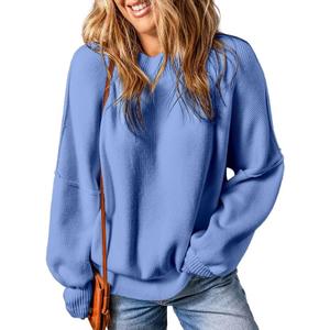 EVALESS Sweaters for Women Fashion 2024 Crewneck Batwing Sleeve Oversized Side Slit Ribbed Knit Pullover Sweater Tops (Small, Sky Blue)