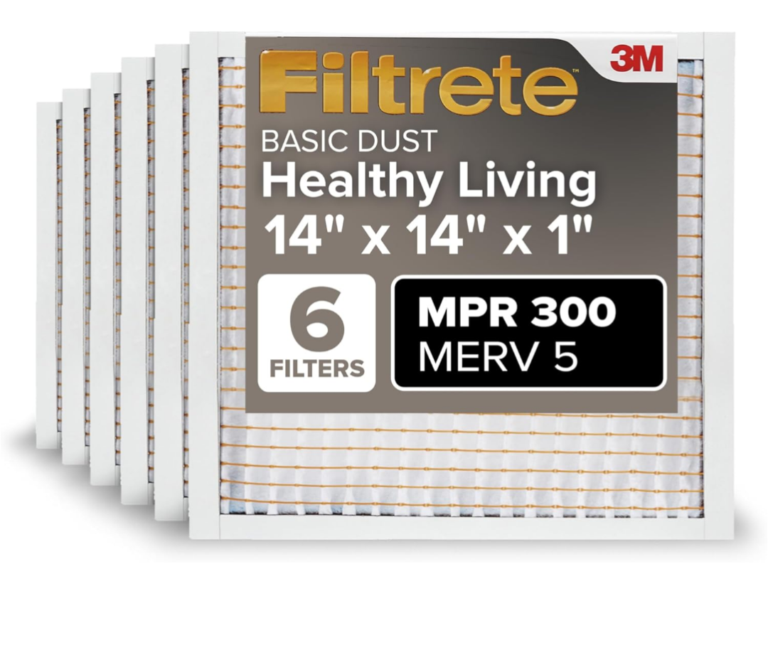 Filtrete 14x14x1 Air Filter, MPR 300, MERV 5, Clean Living Basic Dust 3-Month Pleated 1-Inch Air Filters, 6 Filters