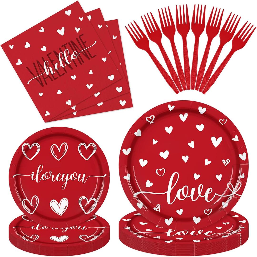 96 Pieces Valentines Day Tableware Set  Red and White Disposable Plates, Napkins, and Forks with Heart and Love Designs for Valentines Parties Romantic Celebrations  Serves 24 Guests