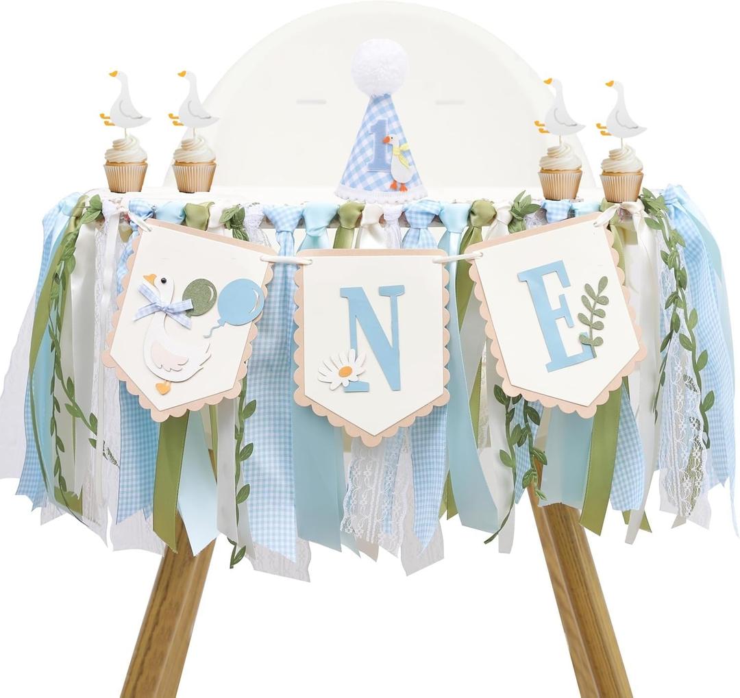One Silly Goose Birthday Decor for Boy, Goose High Chair Blue Banner, 1st Birthday Party Hat, Silly Goose Cupcake Topper for Baby Shower Party Decorations (Black, White, Blue)
