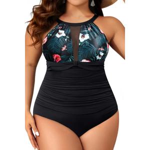Aqua Eve Plus Size Swimsuit Women One Piece Swimsuit Tummy Control High Neck Bathing Suit Ruched Swimwear (Black Floral)