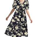 YESNO Summer Floral Midi Dresses for Women V Neck Puff Short Sleeve Frill Trim Dress with Pockets Small