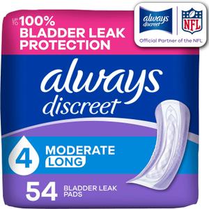 Always Discreet Adult Incontinence Pads for Women, Drier, 4 Drop Long Length, Moderate Absorbency, Pads for Bladder Control Management, Bladder Leaks, & Postpartum Pads, 54ct