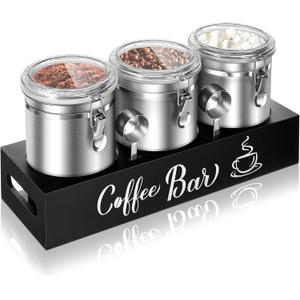 Maxcheck 3 Pcs 66 oz Coffee Canisters with Shelf 304 Stainless Steel Station Container for Ground Coffee Bean Storage with Airtight Locking Clamp and Scoop Kitchen Food Storage Jars(Silver)