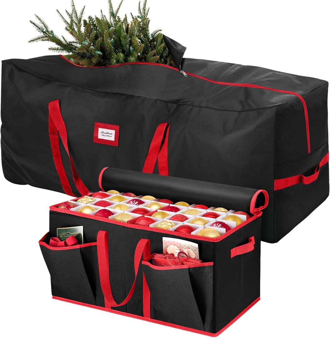 Hatisan 2Pcs Christmas Tree Storage Bag for 7.5ft Artificial Trees and Christmas Ornament Storage Box, Sturdy Waterproof Material, Zippered Bag, Stitched Reinforced Carry Handles(Black, 7.5 ft)