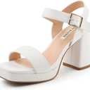 JOY IN LOVE Women's Chunky Platform High Heels Ankle Strap Block Heel Sandals (7, White Matte)