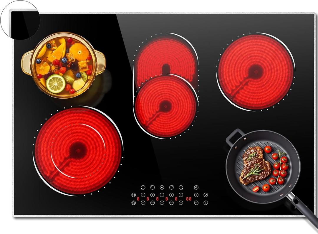 Hobsir 30 Inch Electric Cooktop, 5 Burners Cooktop, Electric Stove Top Burner, 8400W Drop-in Ceramic Stove Cooktops with Glass Metal Frame, Timer, Safety Lock, 220-240V, Hard Wired (No Plug) Cooktops
