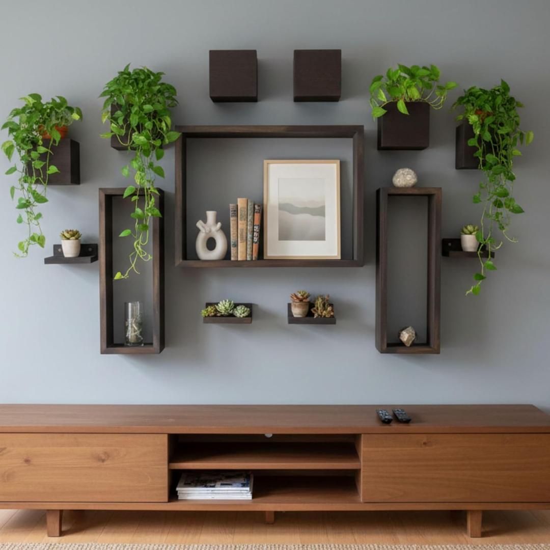 LaLaGreen Wall Planters for Indoor Plants (13-Piece Set) Small Wall-Mounted Vertical Plant Holder, Large Wooden Floating Shelves Decorative Wood Display for Kitchen, Bathroom, Living Room, Home Decor