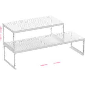 2 x Stackable Expandable Metal Shelf Organizer - Adjustable Wire Storage Rack with Holes for Kitchen, Bathroom, Cabinet, Office - Space Saving, Durable & Sturdy Design2PACKS/Medium/White