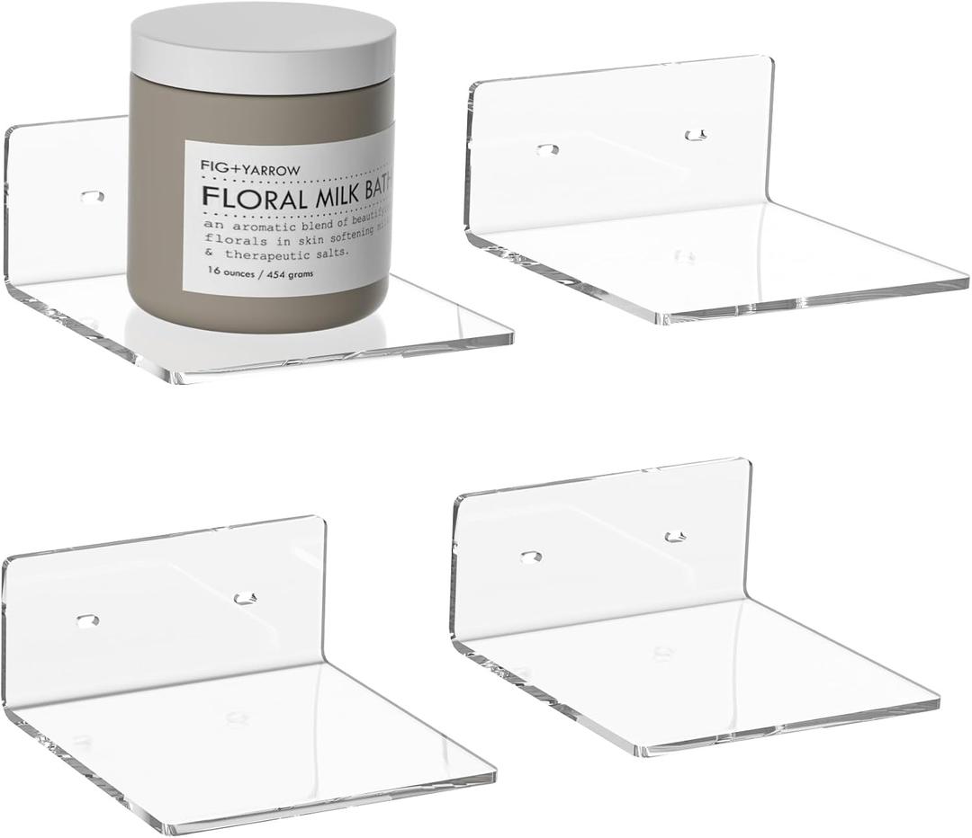 6 Inches Clear Small Wall Shelves, Acrylic Floating Shelf for Small Space, Acrylic Display Ledges for Funko Pop Figures, Home Dcor, Plants, Smart Speaker, Digital Clock, 4 Pack