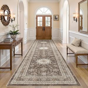 Vintage Hallway Runner Rug 3x12: Large Soft Washable Entryway for Kitchen Laundry Room Non-Slip Backing Runner for Entrance Living Room Bedroom Bathroom - Dark Brown