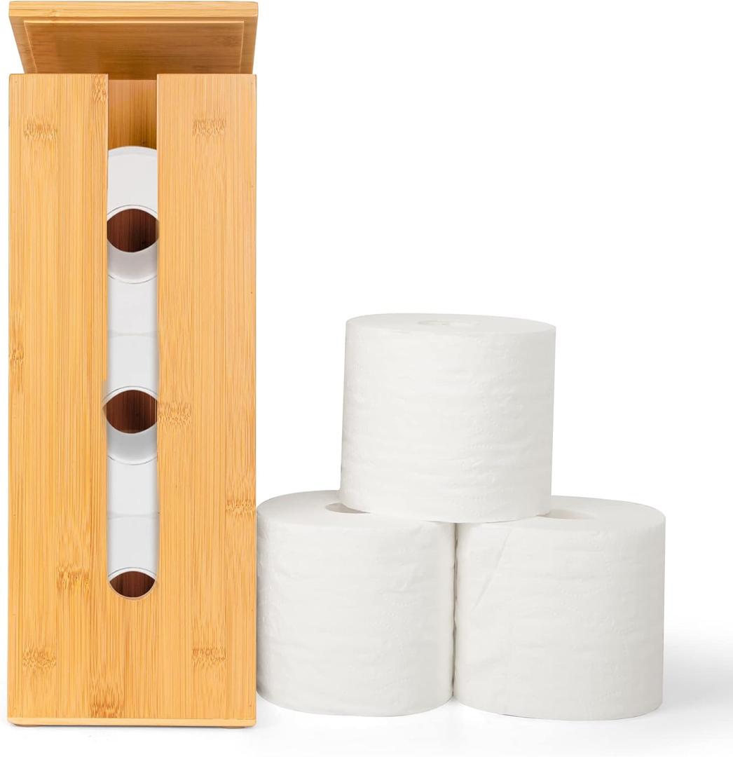 GOBAM Bamboo Toilet Paper Storage - Fits 3 Mega Toilet Paper, Bathroom Organizer, Toilet Paper Holder Stand, Bamboo Bathroom Accessories - Natural, 5.9 x 5.9 x 16.1 inches (3 Roll - Square)