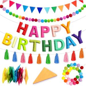 4PCS Pre-Strung Happy Birthday Banner - Felt Happy Birthday Garland, Ball Garland, Felt Pennant Flag, Colorful Thread Tassel Rainbow Party Decorations for Women Men Kids