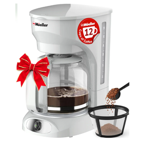 MUELLER HOME 12-Cup White Coffee Maker - Borosilicate Carafe, Auto-Off, Reusable Filter, Anti-Drip, Keep-Warm Function, Clear Water Level Window, White Kitchen Accessories