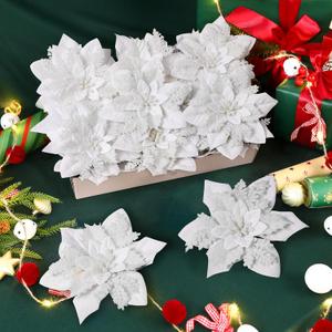 20 Pcs 6'' White Glitter Poinsettia Artificial Christmas Flowers with ClipsArtificial Flowers for Home Xmas Tree Ornaments,Wreath Garland Decoration Wedding Party Decor,White