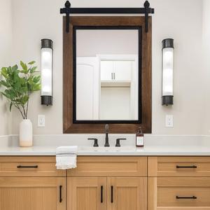 YOSHOOT Farmhouse Barn Door Mirror, 32"x24" Rustic Bathroom Mirror, Wood Frame Wall Mirror, Wooden Mirror for Living Room Bedroom Entryway Wall Dcor, Vertical Hanging ONLY (Brown)