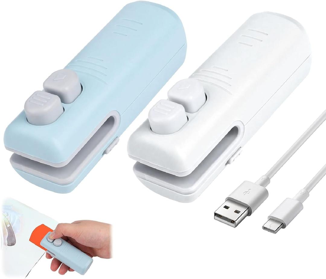 Mini Bag Sealer with Cutter and Magnet, 3-in-1 Rechargeable Magnetic Food Sealer & Cutter, USB Portable Handheld Heat Sealing Tool for Snacks, Chips, Vegetables to Keep Food Fresh (White+Blue,2PCS)