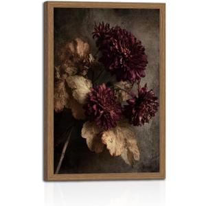 Framed Canvas Artwork - Dark Floral Chrysanthemums Elegant Wall Art Botanical Painting Vintage-Inspired Floral Print Nature Wall Décor Gallery-Style Picture16x24in