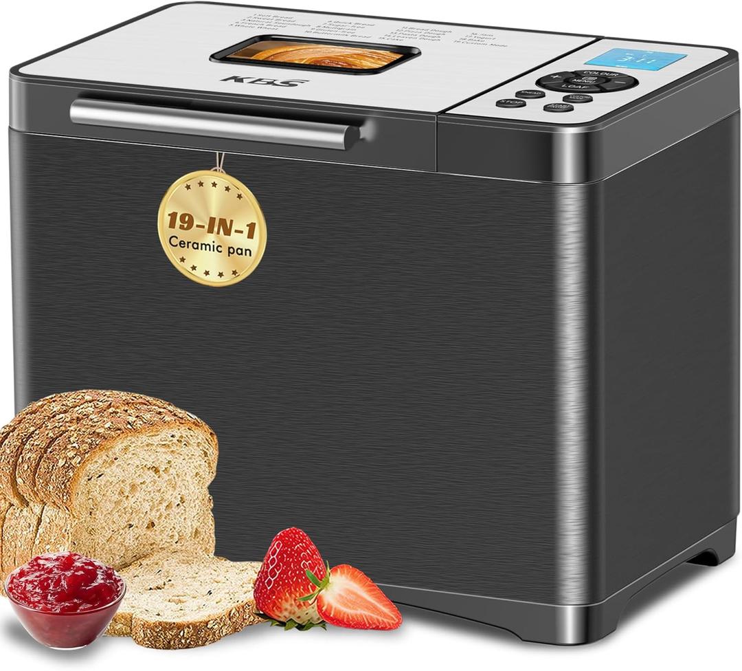 KBS 19-in-1 Programmable Bread Maker,2LB Large Bread Machine Stainless Steel with Sourdough,Gluten-Free,Nonstick Ceramic Pan,650W Bread Maker Machine with 15H Timer&1H Keep Warm,3 Crust Colors,Recipes (Black)