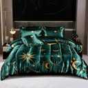 Sun and Moon Comforter Set Blue Green Satin Bedding King Stars Cloud Galaxy Comforter Mysterious Celestial Theme Silk Like Silky Bed in A Bag with Comforter and Sheets