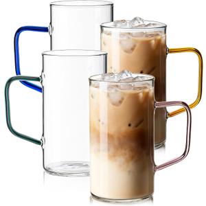 COMI Glass Coffee Mugs Set of 4, 17 oz Large Clear Coffee Cups with Colorful Handles, Hand Blown & Seamless Design, Heat Resistant and Explosion-Proof, Lightweight Tea Mugs for Home,Cafe