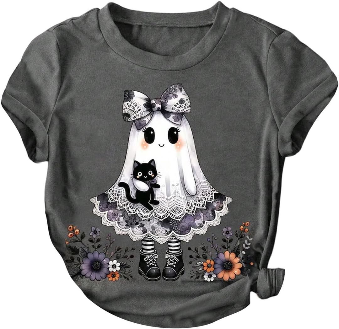 SHENHE Women's Ghost Shirt Funny Graphic Crewneck Short Sleeve Spooky Season Tee Top (Gray, XXL)