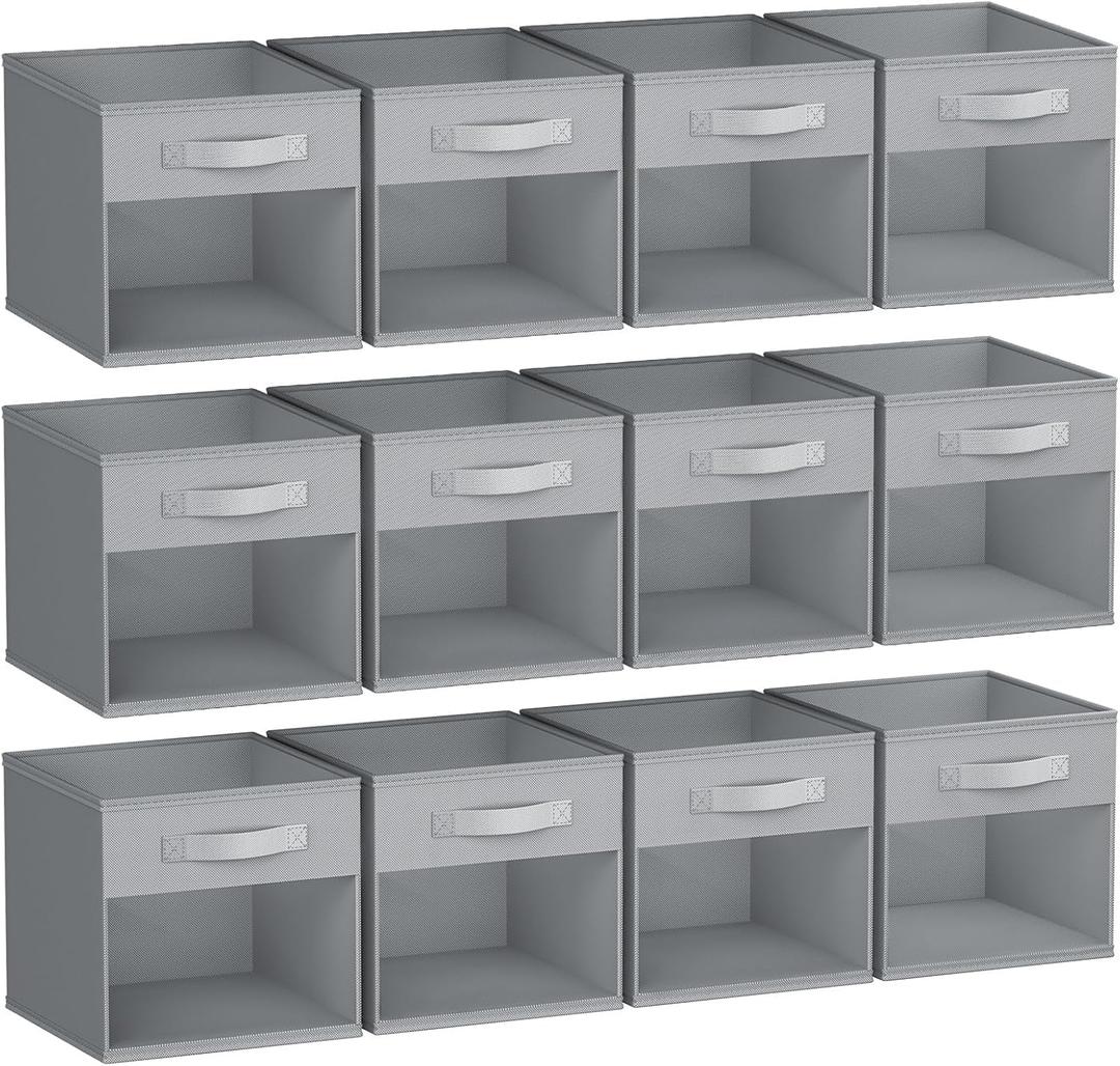 DIMJ Storage Cubes, Cube Organizer Bin, 12 Pack Foldable Containers with Window, Closet Storage Bins with Handle, 12x 12 inch Storage Boxes for Clothes, Toys, Books (Grey) (Gray)