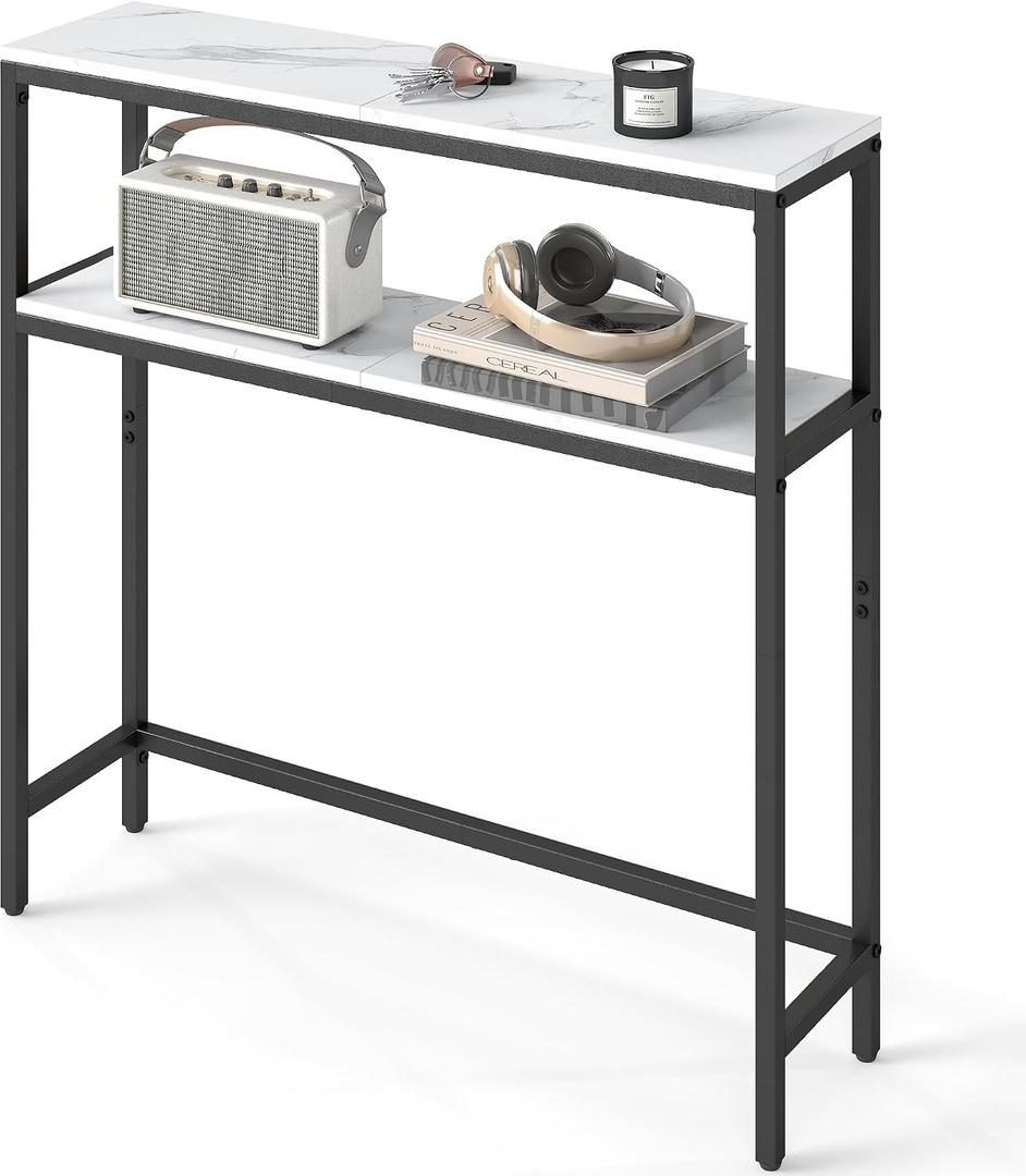 VASAGLE Console Table, 2-Tier Narrow Sofa Table with 2 Shelves, 7.9 x 31.5 x 31.5 Inches, for Living Room, Hallway, Entryway, Marble White and Ink Black ULNT130W59V1