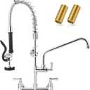 Commercial Sink Faucet - 25" Height Wall Mount With Pre-Rinse Sprayer - 8" Adjustable Center and 12" Add-on Swing Spout, Kitchen Faucet With Pull Down Spray (Chrome)