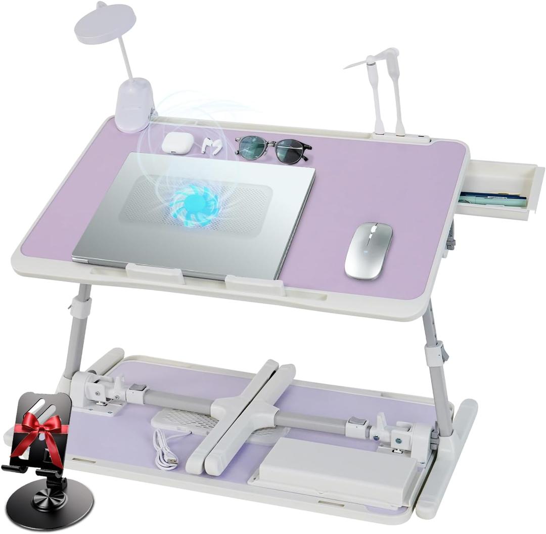 iXTRA Laptop Lap Desk Include Cooling Fan,Adjustable Lap Desk with Light Fan,Folding Laptop Desk for Bed with USB,Bed Desk with Storage Drawer 56x32cm,Purple