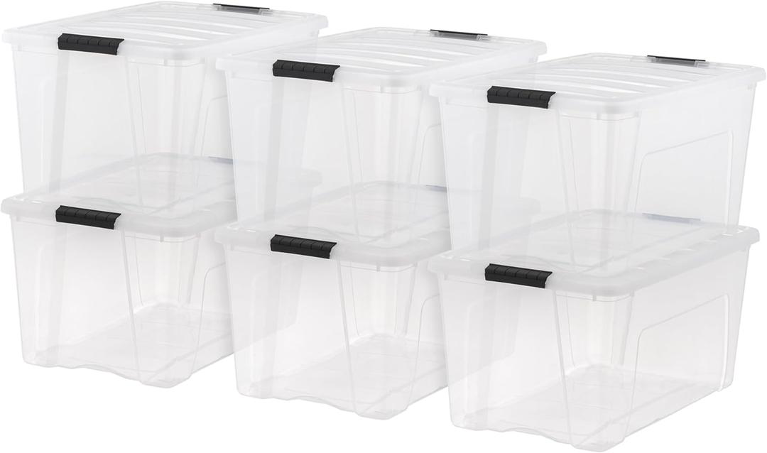 IRIS USA 72 Qt Stackable Plastic Storage Bins with Lids, 6 Pack - BPA-Free, Made in USA - See-Through Organizing Solution, Latches, Durable Nestable Containers, Secure Pull Handle - Clear