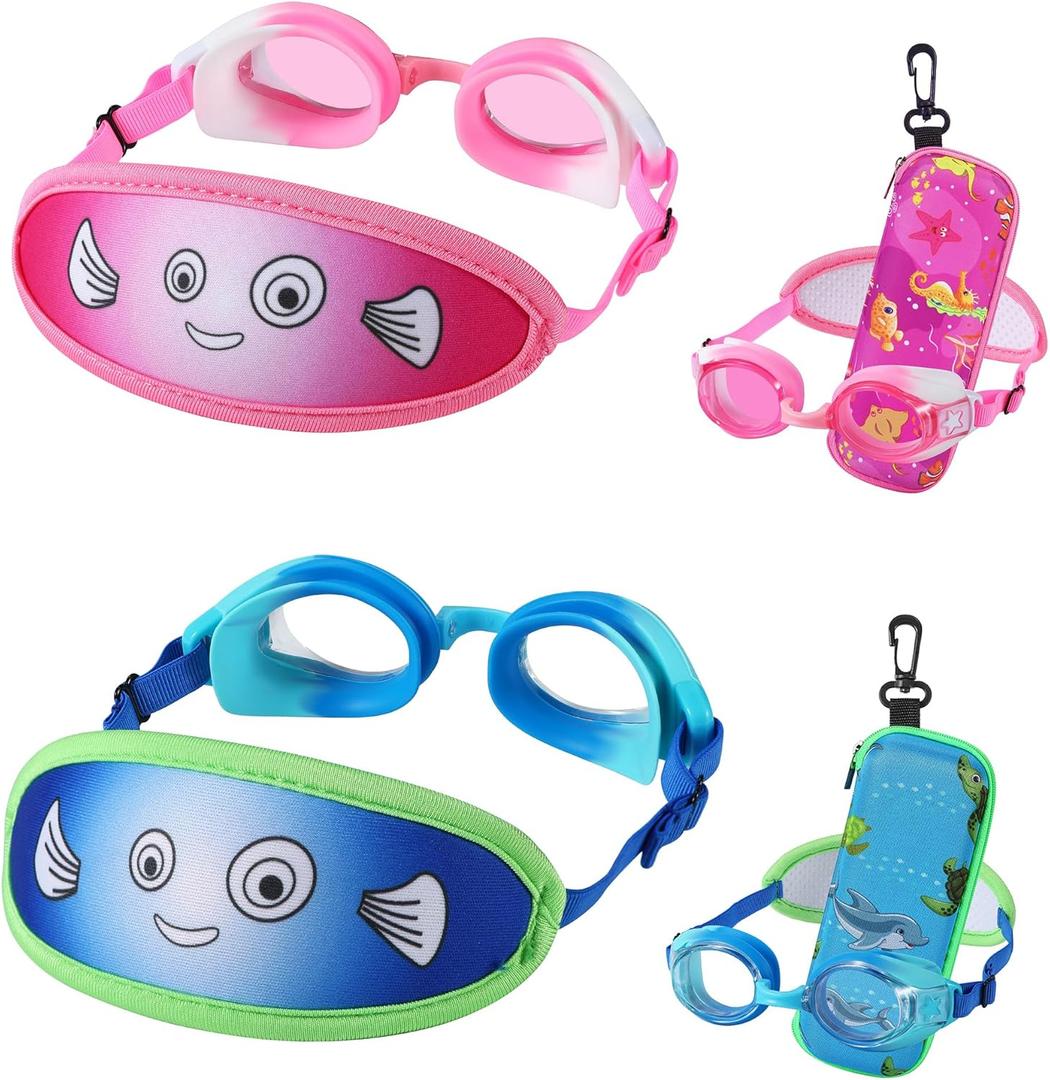 Kids Swim Goggles Age 2-6, Toddler Goggles No Hair Pull,Child Goggles Padded HeadBand (2pk Kids - Pink / Blue Fish)