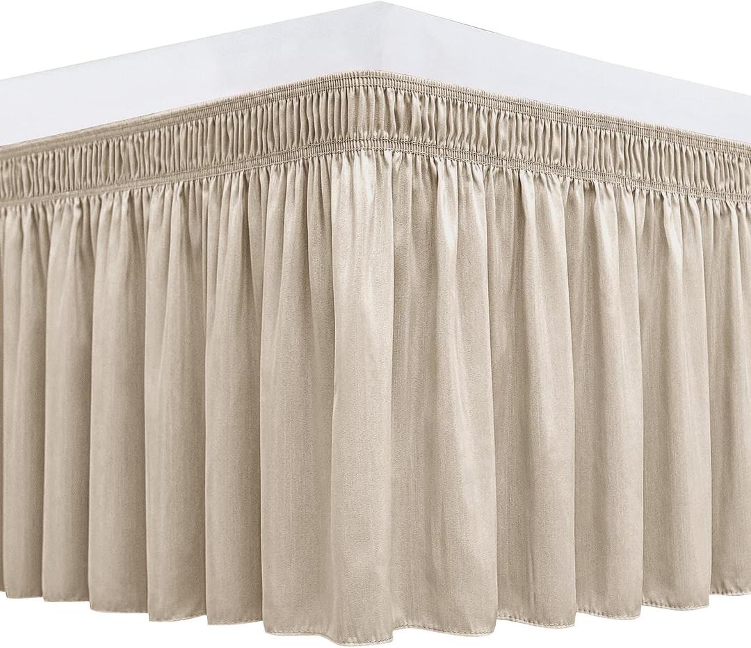 Biscaynebay Wrap Around Bed Skirts for Twin & Twin XL Beds 15" Drop, Light Camel Elastic Dust Ruffles with Adjustable Belts Silky Luxrious Fabric Machine Washable