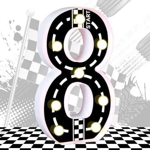 Pack of 2, Racing Car Light Up Numbers Checkered Decorations Happy Birthday Sign Racetrack Inspired Decor Cars Theme Party Supplies (Number 8)